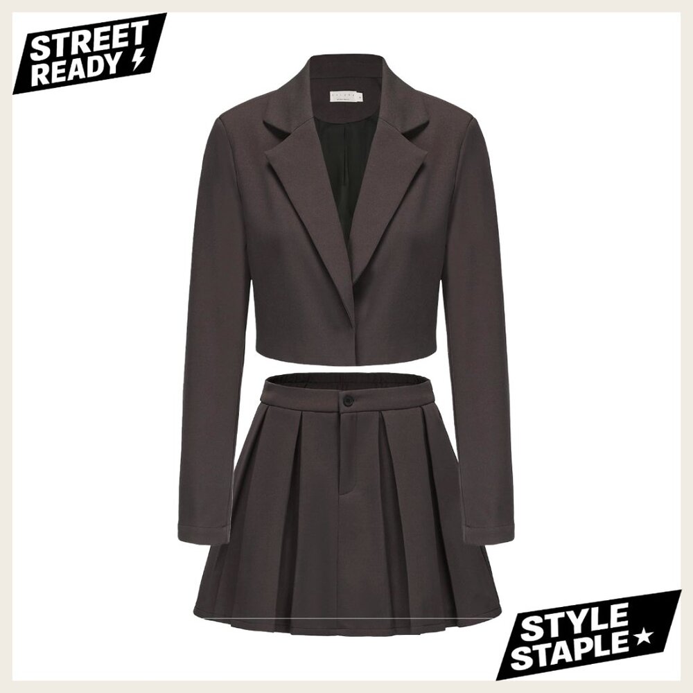 Long Sleeve Blazer Suit Set with Pleated Mini Skirt, 2 Piece Outfit, Y2K Fashion